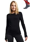 Merino.tech Merino Shirt Damen Langarm - Premium 100% Merino Unterwäsche Damen Mittel + Wollsocken (Medium, Black 250)