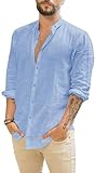 Friptspyg Leinenhemd Herren Hemd Langarm Baumwolle Leinen Hemden Button-Down Freizeithemden Casual Regular Fit Sommerhemd, Himmelblau XL