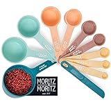 Moritz & Moritz 11-TLG. Messlöffel Set 1/4 TSP bis 1 Cup - stapelbar - Messbecher Measuring Cups und Measuring Spoons 1,25-240ml inkl. Streichlineal - Zum Kochen & Backen mit Kindern (Bunt)