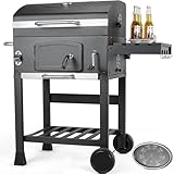 Holzkohlegrill mit Deckel, Grill Grillwagen BBQ Smoker XL, Holzkohle Grillwagen mit Rädern, Grillrost und Thermometer, Holzkohlegrill mit Ablage, Standgrill, Groß Kohlegrillwagen für Camping, Garten