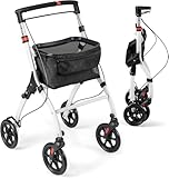 FANTASK Rollator Schmal für Wohnung, 5-Fach höhenverstellbarIndoor Wohnungsrollator, faltbar und leicht, inkl. Tablett, Korb, 4 Rädern & Bremsen