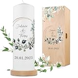 GRAVURZEILE Bedruckte Kerze - Floral Kreis - Personalisierte Traukerze mit Namen & Datum - Geschenk zur Hochzeit an das Brautpaar - Hochwertige Stumpenkerze 250/80 mm - Weiß