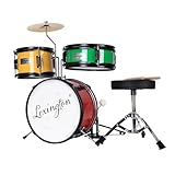 Lexington Kinderschlagzeug 3 PC, Schlagzeug Set für Kinde mit Snare, Tom, Bass Drum, Bass Drum Pedal, Thron, Becken, Drumsticks, Rot, Gelb, Grün