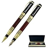 Personalisiertes Füllfederhalter-Biros-Set mit Geschenkbox, kostenloser eingravierter Namenstext, geeignet für Business, Abschluss, Schule, Hochzeit, Büro Geschenk (Holzmaserung)