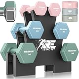 RE:SPORT® Hantel-Set 3 Paar, 1kg - 5kg, 12kg oder 18kg mit Ständer & 3x Fitnessbänder | Rutschfeste Neopren Kurzhanteln für Damen & Herren | Hanteln Hantelset (Zartrosa/Hellblau/Wolkenblau, 12 kg)