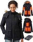 GOTOBI Beheizbare Jacke Damen mit Powerbank 12V 18400mAh, 8 Heizzonen, Beheizte Jacke mit 3 Temperaturstufen, Langer Winter-Daunenmantel,Heizjacke für Radfahren, Camping & Outdoor-Arbeit,Schwarz,M