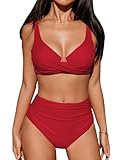 CUPSHE Damen Bikini Set Wickeloptik Crossover Bügel Push Up High Waist Bikini Bademode Zweiteiliger Badeanzug Swimsuit Einfarbig Rot M