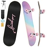 ILAHUI Skateboard für Jugendliche, Mädchen, Kinder, Erwachsene, Anfänger, 7 Schichten aus Ahornholz, Tablett, 80 x 20 cm, Tasche, Skateboard, Regenbogenpulver