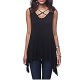 Dreamskull Damen Frauen Tshirts Oberteile Blusen Tops Tunika Tuniken Longshirt Shirtkleider Lang Basic V Ausschnitt Ärmellos Asymetrisch mit Schnürung Vorne Casual Locker Lässig (L, Schwarz)