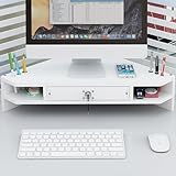 Weißer dreieckiger Monitorständer mit Schublade, 2-stufiger Holzschreibtisch, Verstellbarer Computerständer für Zuhause und das Büro, platzsparende Schreibtisch-Aufbewahrungslösung