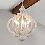 KMaiPem Weißer Vintage Kronleuchter, 5 Lichter Holz Pendelleuchte, Höhenverstellbare Bauernhaus Hängelampe, Traditionelle Französische Deckenlampe für Wohnzimmer, Schlafzimmer, Esszimmer, Flur