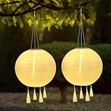 YIFMOO Solar Lampions, 2 Stück 25 CM Solarlaterne Außen Wetterfest, LED Wasserdicht Lampion mit 4 Quaste, Hängende Nylon Laterne für Gärten, Höfen, Balkonen, Hochzeit Dekoration (Warmweiß)