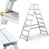 DRABEST Klapptritt Alu Leiter Klappbar Beidseitig 2x7 Stufen Trittleiter bis 150 kg Belastbar Haushaltsleiter TÜV Zertifiziert