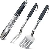 Grillbesteck Set dreiteilig 44 cm Grill Set mit Grillzange, Grillwender und Fleischgabel aus Edelstahl Grillset Grillzubehör rostfrei