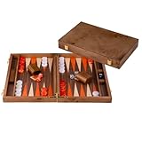 Engelhart-250549 – Backgammon Holz 18 Zoll (45,5 cm) Luxus Koffer Maserholz Walnuss-Inlay – Offen 52 × 45,5 cm – Orange/Weiße Steine – Würfel & Becher – Strategiespiel