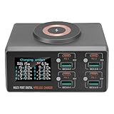Gugxiom USB -Ladegerät, 140W 8 Port Mehrere USB -Ladestation mit 4 Schnellladung 3.0, 4 USB -C -PD -Anschluss, LCD -Display Schneller Lade -Hub mit Einer Magnetischen Drahtlosen Ladung