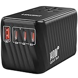 LENCENT Internationaler Reiseadapter, 140W GaN3 Universeller Adapter mit 3 PD3.1 Type C+1 QC USB A, Weltweit Adapter für Handys, All in One Reisestecker für EU/USA/UK/AU Steckdosen, Schwarz