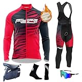 Radtrikot Set Langarm Herren Thermische Fleece Winter Fahrradbekleidung Radsportanzüge Fahrradtrikot mit Thermofleecefutter Fahrradhose mit Sitzpolster mit 8D Gel Gepolsterten Trägerhosen (TYP-14,XL)