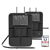 POUKO® Autositz Organizer PREMIUM [2er Set] Schwarz I Rückenlehnenschutz inkl. Tablet Fach I Wasserabweisender [600D Oxford] Kinder Rücksitz Organizer | Universeller + faltenfreier Rücksitzschoner