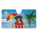 Lustiger Dunkler Schokoladen-Havaneser-Hund Am Strand – Wassermelonen-Palmen-Meer Sonnenschutz Auto Frontscheibe Wasserbeständig Auto Windschutzscheibe Sonnenschutz Universal Für Mpv Lastwagen