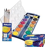 Pelikan Set DIN 5023 Deckfarbkasten 12 Farben + 1 Tube Deckweiß, Schul-Standard (mit Becher + Pinsel), Blau K12 Set