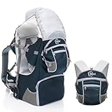 Fillikid Rückentrage - Rücken Babytrage mit Sonnenschutz, Gurt, Kinder Rucksack und Staufächern - Kraxe zum Wandern mit Baby und Kleinkind, bis 18 kg - Blau Grau