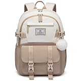 LOVEVOOK Schulrucksack Teenager Mädchen 10-18 Jahre, Rucksack Damen mit Großem Flaschenfach, Multi-Tasche Schulranzen Schultasche, Wasserdicht School Bag 15,6 Zoll Laptop für Schule Uni, Khaki Beige