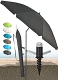 Menz Sonnenschirm Strand in Anthrazit - Komplettes 3er-Set inkl. robustem Sonnenschirm + solider Bodenhülse + langlebiger Schutzhülle, Strandschirm windfest stabil, Strandschirm mit UV50+ Schutz