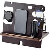 FINGERINSPIRE Holz-Dockingstation, Kokosnussbraun, rustikaler Nachttisch-Organizer, Tisch-Ladestation, Uhr, Ladeständer, Geldbörse, Schlüssel, Gadget, Nachttischhalter, Geschenke für Männer, Vater,