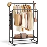 SONGMICS HOME Kleiderständer auf Rollen, Garderobenständer, 2 Kleiderstangen, Ablagefläche, seitlicher Organizer, Haken in Streichholz-Form, stabil, Schlafzimmer, Flur, tintenschwarz HSR171B01