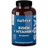 Nutri + Eisentabletten 50 mg hochdosiert + vegan mit natürlichem Vitamin C aus Acerola - 90 Eisen Bisglycinat Tabletten für Schwangere und Kinder etc