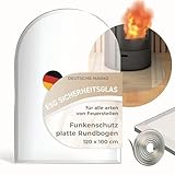 Funkenschutzplatte Glas Rundbogen 120x100cm – Glasplatte für Kaminofen - Kaminglas Zunge mit Dichtlippe - 8mm ESG Kamin Glasplatte mit Facettenschliff – Kaminschutz Feuerplatte für Kaminofen