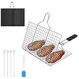 Grillkorb Fischbräter BBQ Grillkorb Grillgitter: Nizirioo Edelstahl Fisch Grillkorb Tragbar Faltbarer Grill Fischhalter mit Abnehmbarem Griff mit Backbürste, 4 Metallspießen und Aufbewahrungstasche