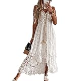 Felcia Langes Damenkleid mit Spitze, Vintage, tiefer V-Ausschnitt, rückenfrei, Strandkleid, lässig, unregelmäßiger Saum, fließendes Boho-Urlaubskleid, A-weiß, X-Large