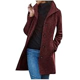 EMATOP Langer Wollmantel Damen Warmer Einfarbig Winterjacke Casual Langarm Fleecejacke Elegant Leicht Teddyfleece Mantel Mode Revers Wintermantel Baumwolle Kuschelig Übergangsjacke Winter Jacke