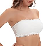 Jiuday Spitze BH ohne Träger Bandeau BH Trägerlos Gepolstert Trägerloser BH ohne Bügel mit Transparenten Trägern (Weiß,L)