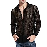 Transparent Netzhemd Netzshirt Herren Langarmshirt Mesh Top Netz Shirt Hemd mit Knöpfen Unterwäsche Clubwear Reizwäsche Netzhemd Ringershirt Spitze Strick t Shirt