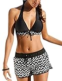 UMIPUBO Bikini Set 2 TLG Sportlicher Badeanzug Zweiteiler Zigzag, Bademode mit Oberteile und Badeshorts, Schwimmbikini Gepolstert Tank Top Swimsuits Sexy Tankini (Schwarz, XL)