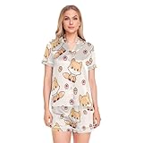 Foiosoh Damen-Pyjama-Set, Seidensatin, kurzärmelig, Nachtwäsche, Kawaii-Fuchsmuster, weich, Loungewear, Knopfleiste, S-XXL, Kawaii Fuchsmuster, Beige, L