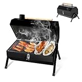 Holzkohlegrill Klein BBQ Grill Klappgrill Mini Koffergrill mit Deckel Tischgrill Tragbarer Grill Doppel Grillfläche für Outdoor Camping Balkon Picknick und Barbecue (Schwarz, 50x41x25cm)