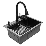 Küchenspüle Einbauspüle 55 x 40 cm, Arbeitsplatzspüle Küchenspüle mit Ausziehbar Hahnloch Seifenspender und Abflusskorb, 201 Edelstahl (Schwarz)