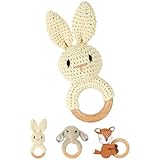 OFFCUP Babyrassel Gehäkelte Greifling, Beißring Baby, Niedlicher Greifling für Baby, Zahnring Holz, Handmade Rassel Beißring Baby Gehäkelte Tiere Spielzeug für Babys & Kleinkinder ab 0 Monate - Hase