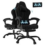 Flamaker Gaming Stuhl Stoff mit Fußstütze, Massage Computer Bürostuhl mit Linkage Armlehnen, Hohe Rückenlehne Ergonomischer PC Racing Chair für Erwachsene, Schwarz