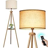 OUTON LED Stehlampe Dimmbar Dreibein Holz mit Regal, Fernbedienung, 4 Farbtemperatur, 1 Stunde Timerfunktion, Stativ Stehleuchte mit Beige Lampenschirm für Wohnzimmer, Schlafzimmer, Büro (Holz)