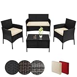 BB Sport Poly Rattan Sitzgruppe 4 Personen Tisch 2 Stühle Sitzbank 5cm Dicke Sitzpolster Balkonmöbel Set Sitzgarnitur Balkon Terrasse Garten Outdoor, Farbe:Titan-Schwarz/Sandstrand