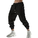 Herren-Jogginghose aus Baumwolle, lockere Passform, leger, schmal zulaufend, athletische Hose, Kordelzug, Cargo-Workout-Sweathose, Schwarz, 5XL