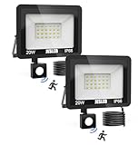 JESLED LED Strahler mit Bewegungsmelder, 20W 2200LM Superhell Strahler Außen, 6000K Kaltweiß Außenstrahler, IP66 Wasserdicht Scheinwerfer für Garten, Innenhöfe, Garage, Haus【2 Stück】