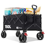 SUNULA Bollerwagen Faltbar Tragkraft 120KG, Klappbarer Handwagen mit EIN-klick-Handgriff & 4-seitig zusammenfaltbar, Geländegängig Räder mit Bremsen 150L, Schwarz