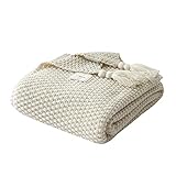 AUSTINCIAGA Decke aus Strick, Plaid, Sofa, Tagesdecke, Tischdecke, Tagesdecke, nordisch, warm, weich, mit Fransen, handgefertigt, für Strand, Picknick, alle Jahreszeiten (Beige, 130 x 170 cm)