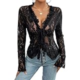 Blusen Damen Eng Spitzen Oberteile Tief V-Ausschnitt Transparent T-Shirt Sexy Mesh Top Y2K Crop Top Elegant Blumen Spitzenbluse Party Outfit Streetwear Clubwear Dünn Spitzentop (Schwarz, L)